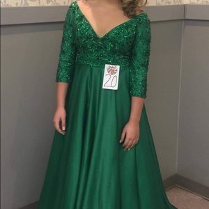 Custom Green long sleeve gown. Similar to Sherri Hill/ Jovani